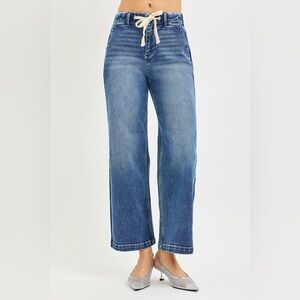 RISEN Elastic Band High Rise Cropped Wide Jeans
